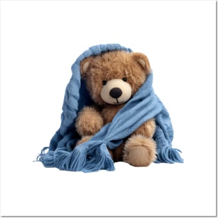 Adorable Teddy Bear with Blue Blanket Posters and Art